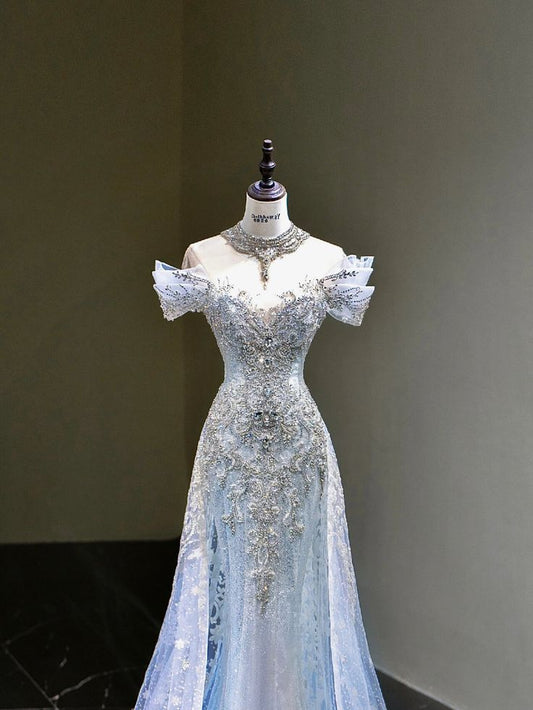 Pretty Mermaid Off The Shoulder Sequin Cap Sleeves Blue Evening Dress Long Prom Dresses With Beads C3471