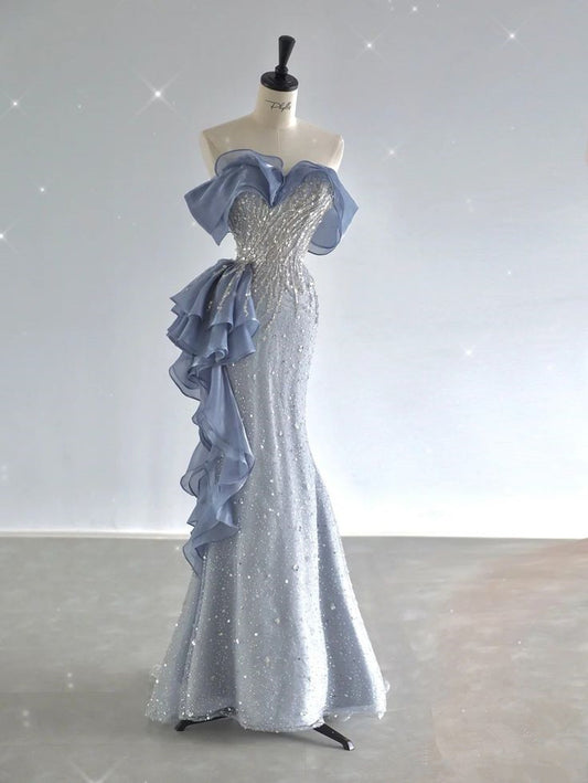Pretty Mermaid Off The Shoulder Sequin Cap Sleeves Blue Evening Dress Long Prom Dresses With Ruffles C3472