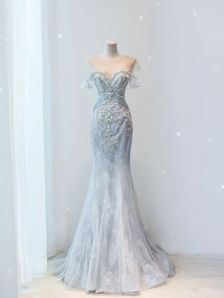 Pretty Mermaid Off The Shoulder Sequin Cap Sleeves Gray Evening Dress Long Prom Dresses With Beads C3473