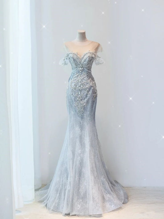 Pretty Mermaid Off The Shoulder Sequin Cap Sleeves Gray Evening Dress Long Prom Dresses With Beads C3473