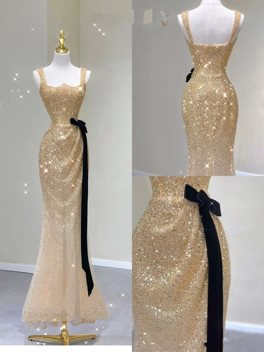 Pretty Mermaid Square Neckline Gold Sequin Long Evening Dress Prom Dresses C3475