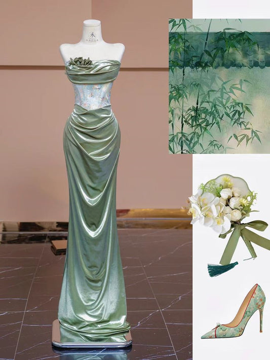 Pretty Mermaid Sweetheart Satin Green Long Evening Dress Prom Dresses C3480