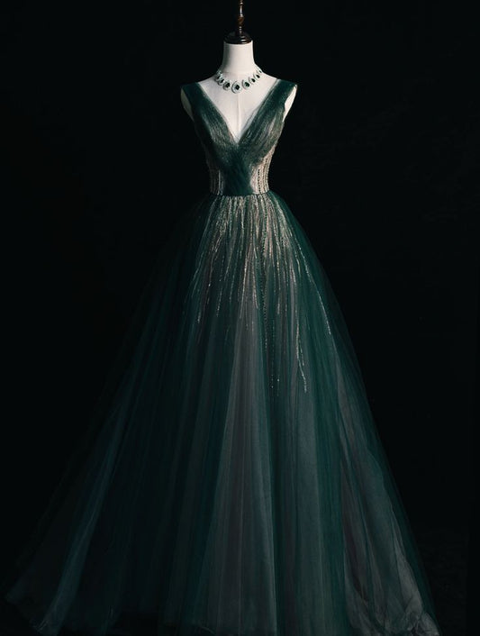 Elegant A Line V Neckline Tulle Sleeveless Green Long Prom Dresses C3483
