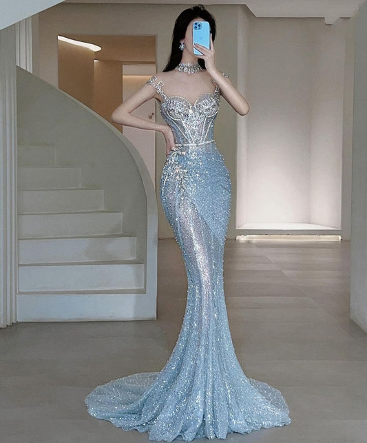 Pretty Mermaid Sweetheart Sequin Blue Long Evening Dress Prom Dresses With Ruched Bodice C3485