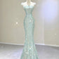 Elegant Mermaid Strapless Sequin Mint Green Sleeveless Long Prom Dresses C3487