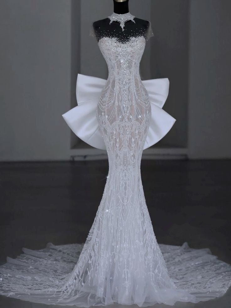 Chic Mermaid Scoop Neckline Cap Sleeves Tulle White Long Wedding Dresses With Bow C3489
