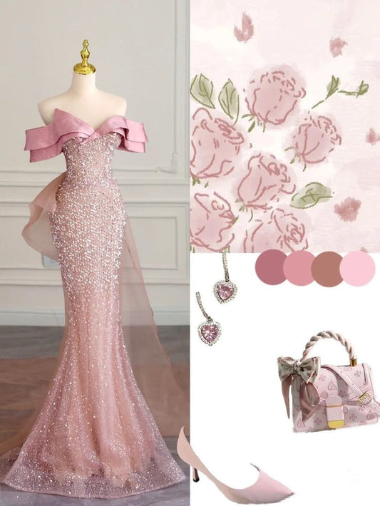 Elegant Mermaid Off The Shoulder Sequin Pink Short Sleeves Long Prom Dresses C3491