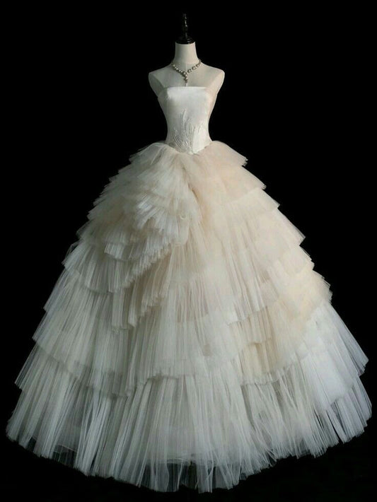 Chic Ball Gown Strapless Ruffles Layers Tulle Long Wedding Dresses With Beads C3492