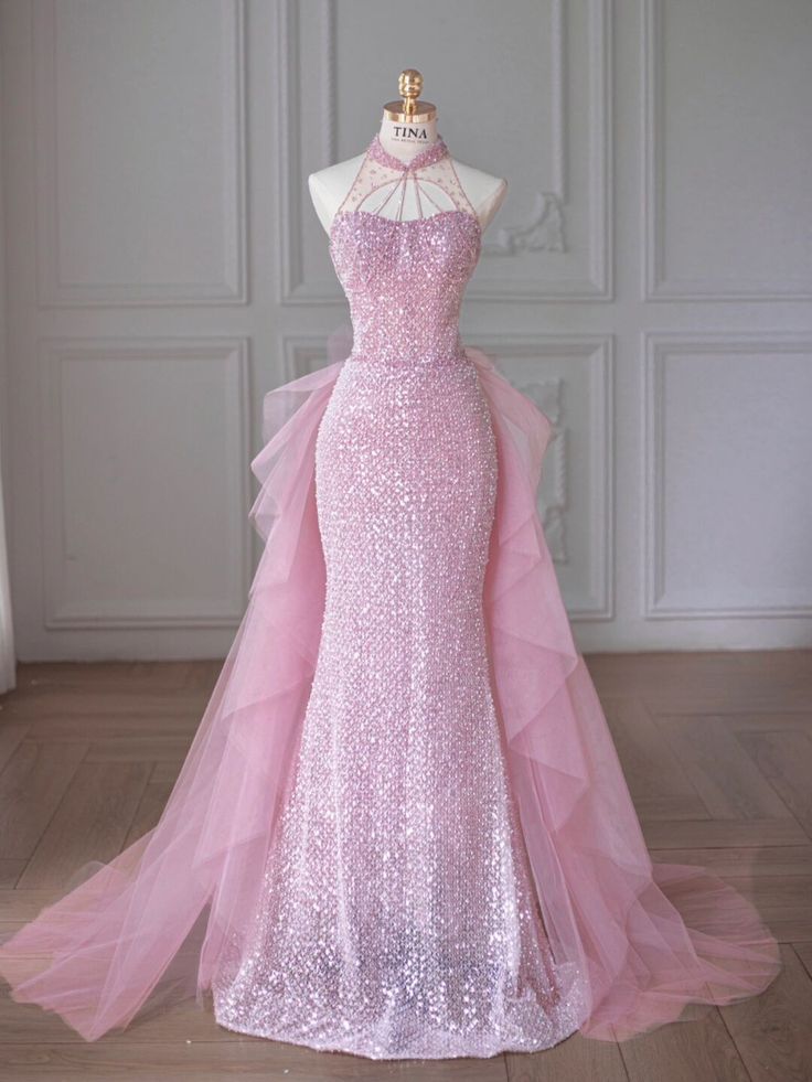 Elegant Mermaid High Neckline Sequin Pink Sleeveless Long Prom Dresses C3493
