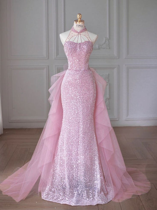 Elegant Mermaid High Neckline Sequin Pink Sleeveless Long Prom Dresses C3493