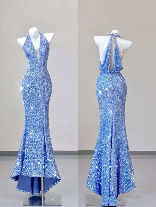 Elegant Mermaid V Neckline Sequin Blue Sleeveless Long Prom Dresses C3495