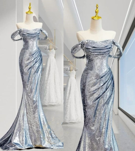 Elegant Mermaid Off The Shoulder Sequin Silver Evening Dress Long Prom Dresses C3496