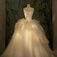Elegant Ball Gown Strapless Satin Long Tulle Wedding Dresses With Ruffles CC350