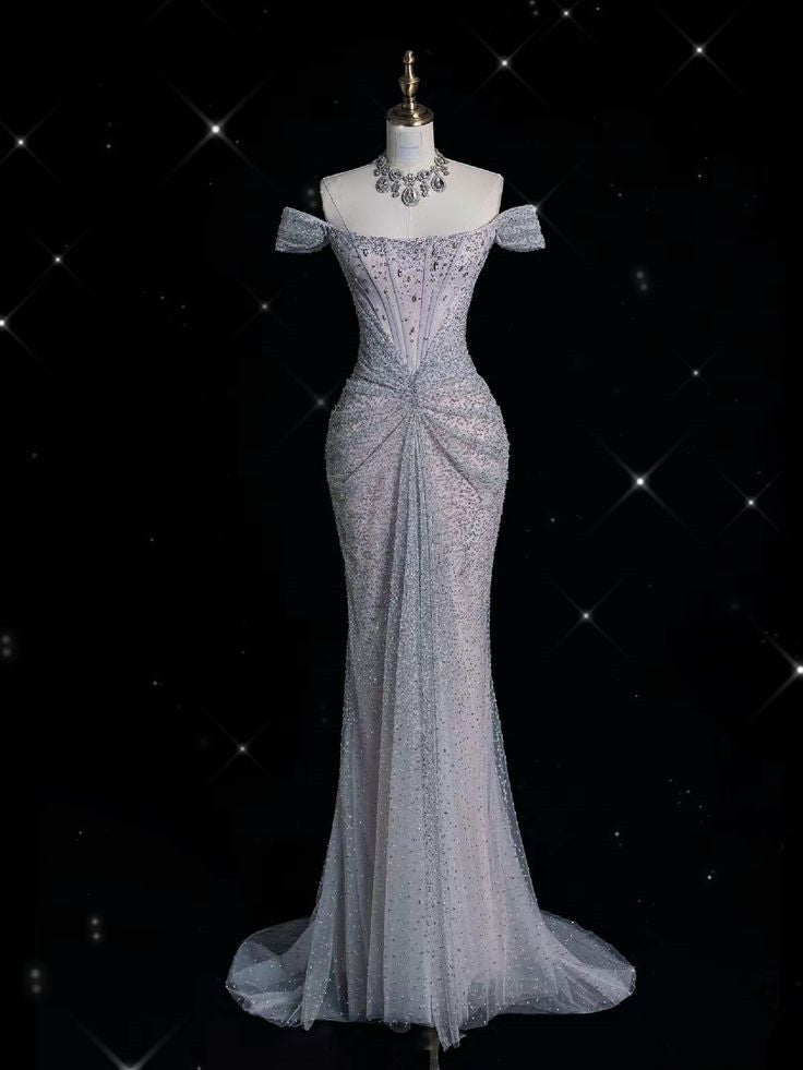 Elegant Mermaid Off The Shoulder Silver Sequin Evening Dress Long Prom Dresses C3500