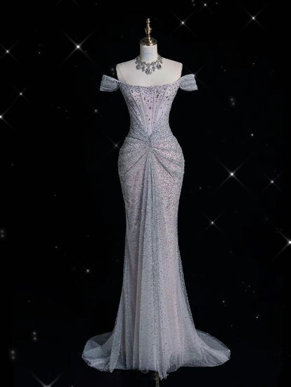 Elegant Mermaid Off The Shoulder Silver Sequin Evening Dress Long Prom Dresses C3500