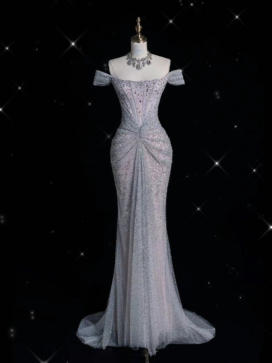 Elegant Mermaid Off The Shoulder Silver Sequin Evening Dress Long Prom Dresses C3500