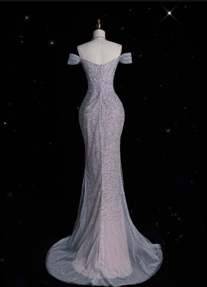 Elegant Mermaid Off The Shoulder Silver Sequin Evening Dress Long Prom Dresses C3500