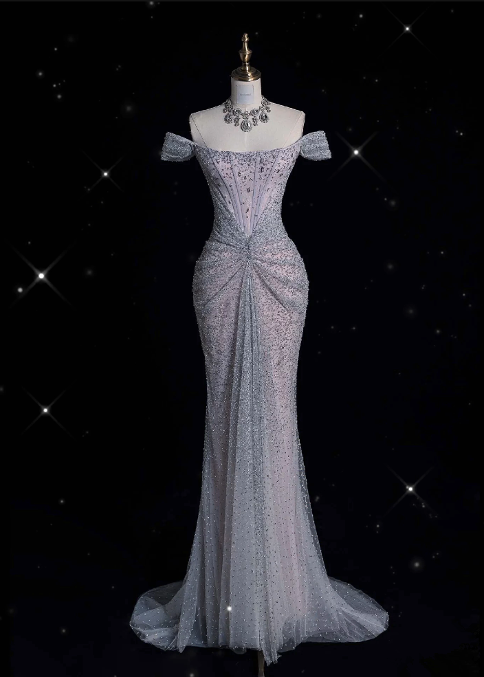 Elegant Mermaid Off The Shoulder Silver Sequin Evening Dress Long Prom Dresses C3500