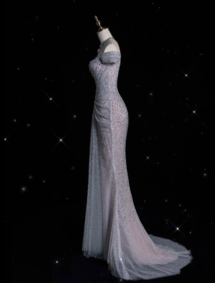 Elegant Mermaid Off The Shoulder Silver Sequin Evening Dress Long Prom Dresses C3500