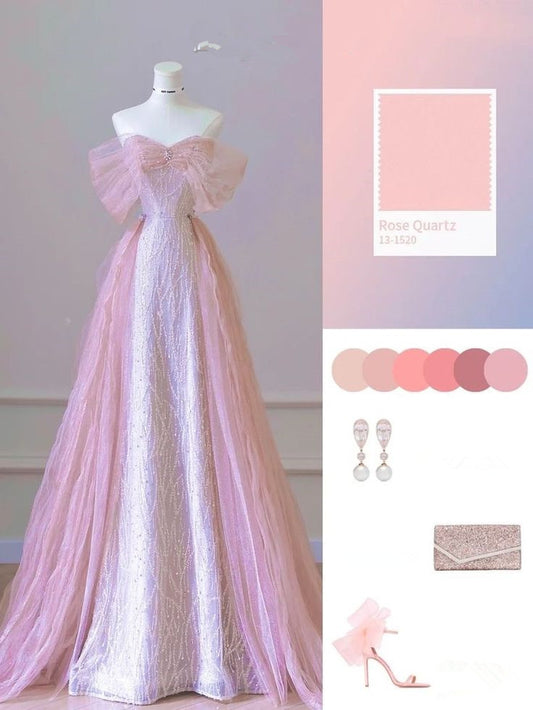 Elegant A line Off The Shoulder Pink  Sequin Evening Dress Long Prom Dresses With Sleeves C3504