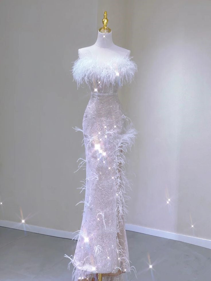 Chic Mermaid Strapless Sequin White Long Wedding Dresses With Feather C3505