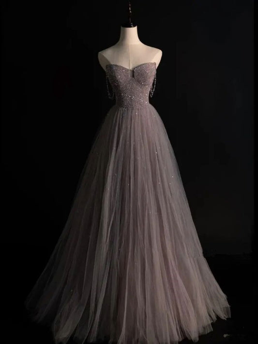 Elegant A line Spaghetti Straps Tulle  Long Prom Dresses Party Dress With Beads C3506