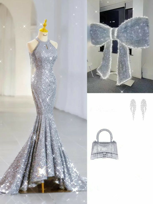 Elegant Mermaid High Neckline Silver Sequin Evening Dress Long Prom Dresses C3507