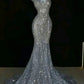 Elegant Mermaid Scoop Neckline Silver Sequin Evening Dress Long Prom Dresses C3510
