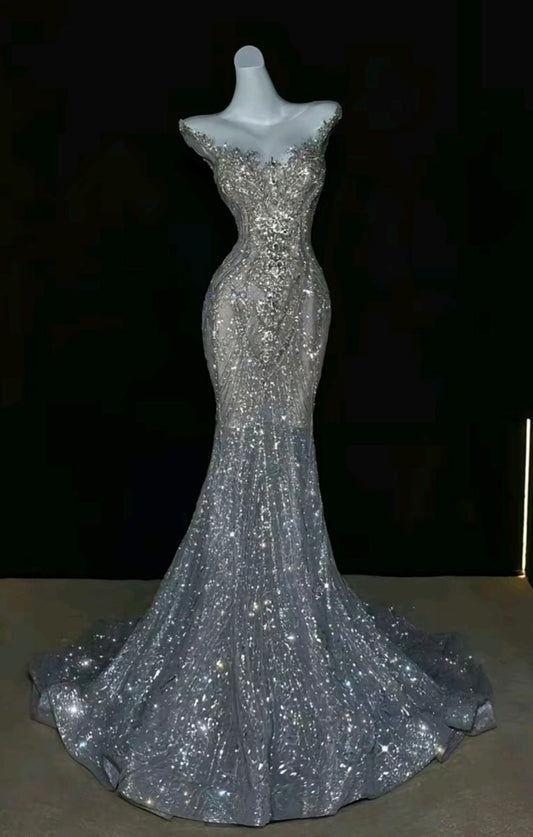 Elegant Mermaid Scoop Neckline Silver Sequin Evening Dress Long Prom Dresses C3510