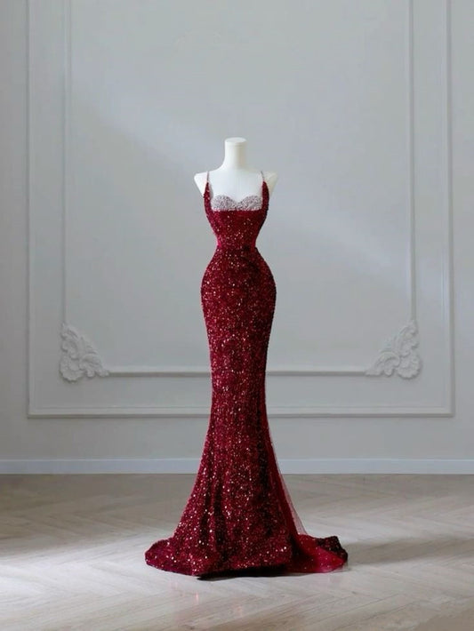Elegant Mermaid Spaghetti Straps Burgundy Sequin Long Prom Dresses Party Dress With Beads C3513
