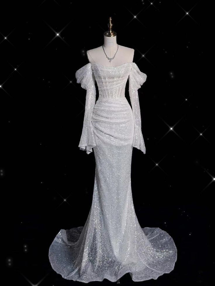 Vintage Mermaid Off The Shoulder Sequin Long Sleeves White Wedding Dresses With Ruffles C3514