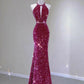 Elegant Mermaid Scoop Neckline Hot Pink Sequin Long Prom Dresses Party Dress With Beads C3515