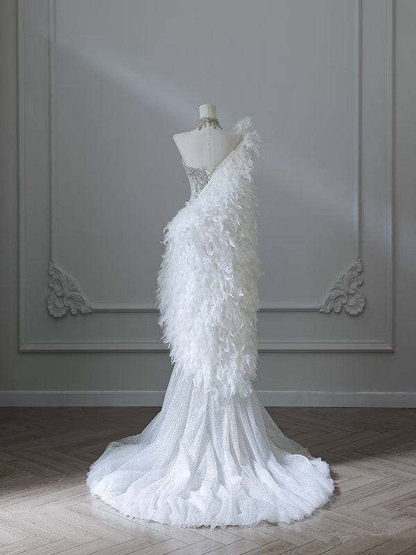 Vintage Mermaid Strapless White Tulle Long Wedding Dresses With Beads C3519