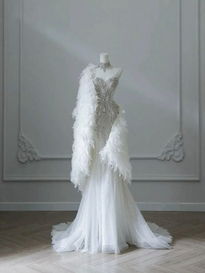 Vintage Mermaid Strapless White Tulle Long Wedding Dresses With Beads C3519