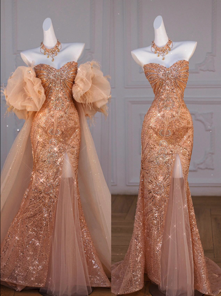 Sparkly Mermaid Sweetheart Sequin Long Slit Gold Evening Dress Prom Dresses With Beads C3455