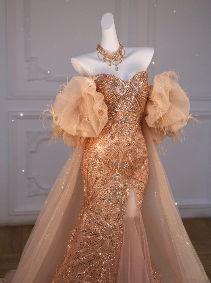 Sparkly Mermaid Sweetheart Sequin Long Slit Gold Evening Dress Prom Dresses With Beads C3455
