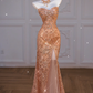 Sparkly Mermaid Sweetheart Sequin Long Slit Gold Evening Dress Prom Dresses With Beads C3455