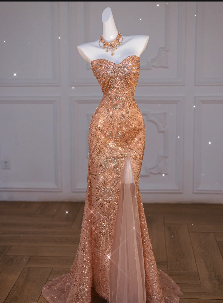 Sparkly Mermaid Sweetheart Sequin Long Slit Gold Evening Dress Prom Dresses With Beads C3455