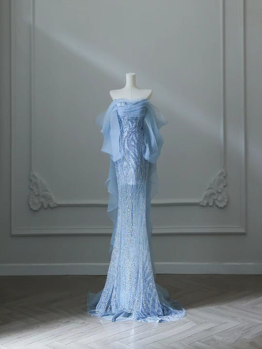Elegant Mermaid Off The Shoulder Sequin Blue Evening Dress Long Slit Prom Dresses C3523