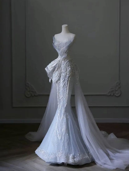 Robe de soirée longue bleu ciel à paillettes, élégante, style sirène, sans bretelles, C3527