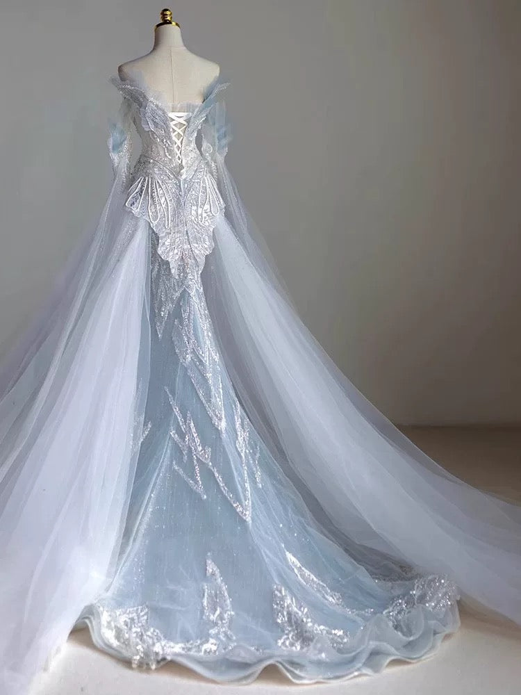Robe de soirée longue bleu ciel à paillettes, élégante, style sirène, sans bretelles, C3527