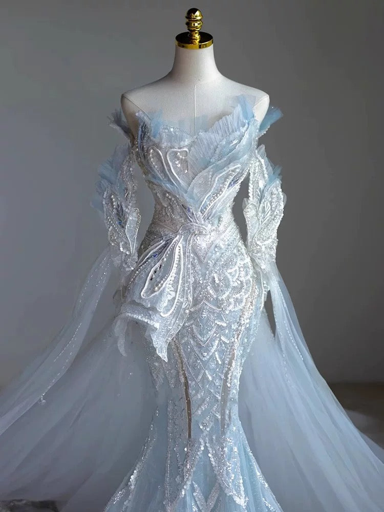 Robe de soirée longue bleu ciel à paillettes, élégante, style sirène, sans bretelles, C3527