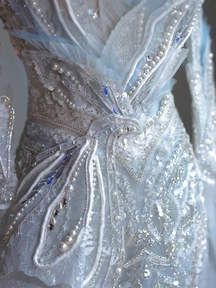 Robe de soirée longue bleu ciel à paillettes, élégante, style sirène, sans bretelles, C3527