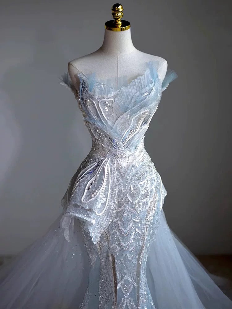 Robe de soirée longue bleu ciel à paillettes, élégante, style sirène, sans bretelles, C3527