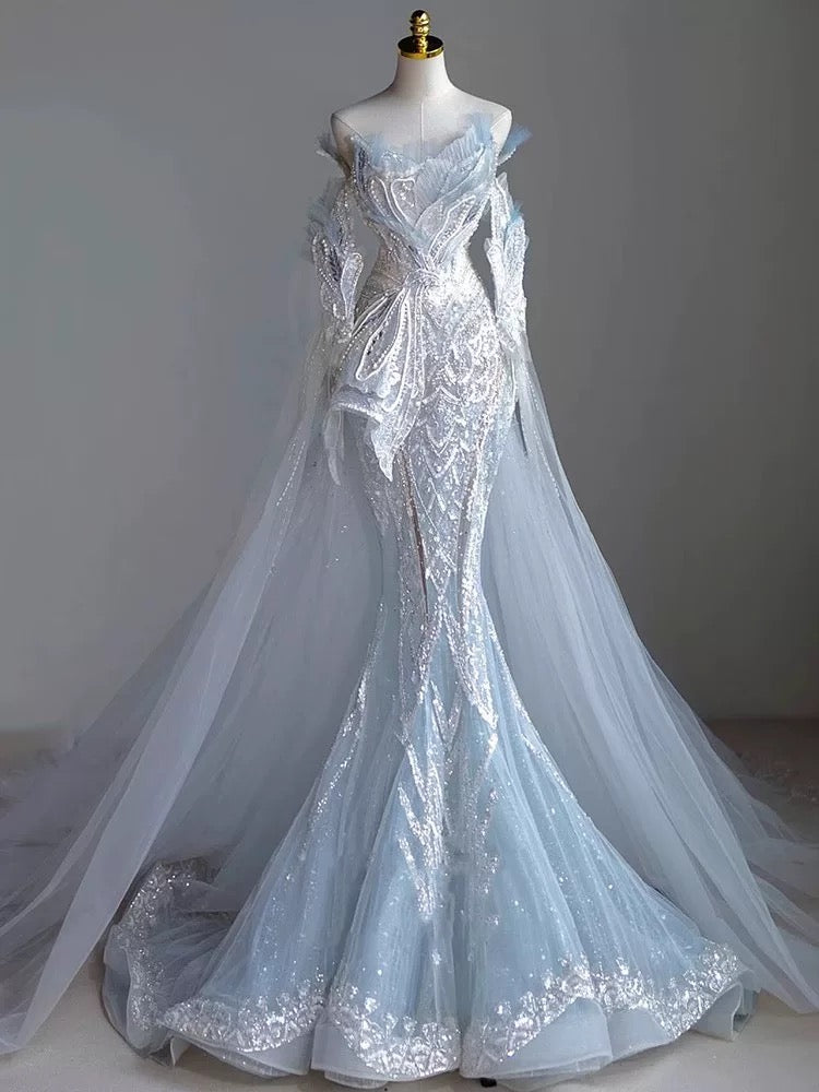 Robe de soirée longue bleu ciel à paillettes, élégante, style sirène, sans bretelles, C3527