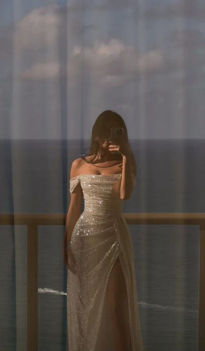 Robe fourreau élégante à épaules dénudées et paillettes, tenue de bal d'anniversaire à volants C3540