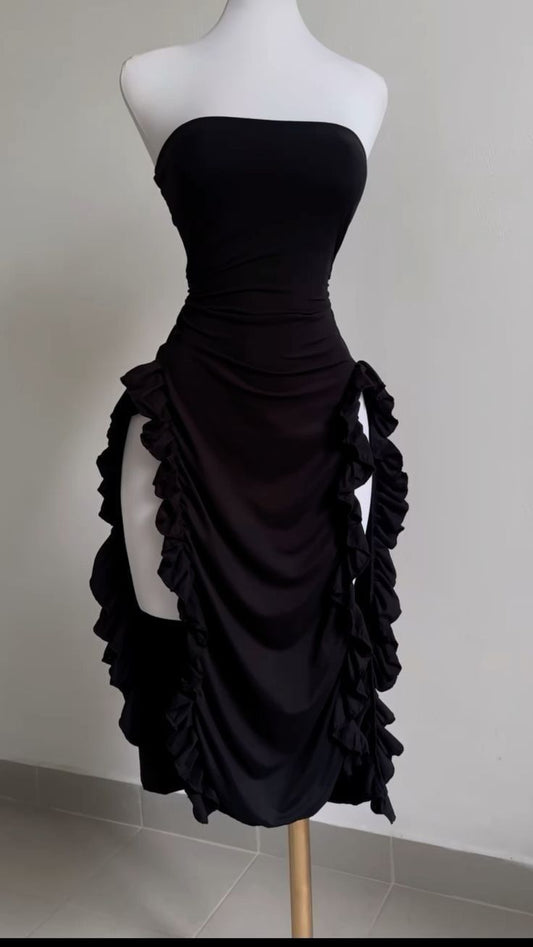 Elegant Sheath Strapless Black Satin Prom Dress Birthday Outfits C3543