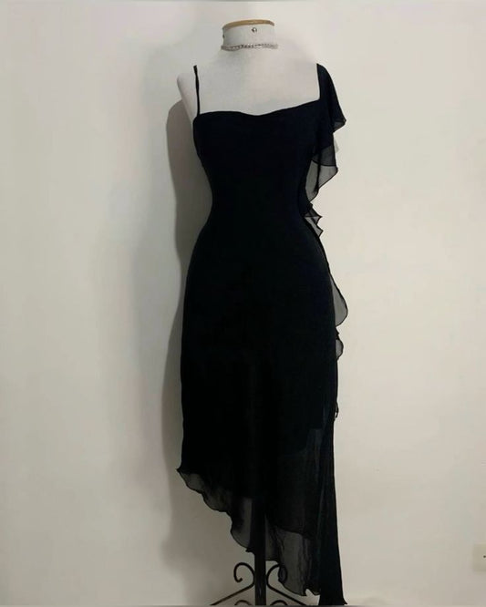 Elegant High Low Straps Black Chiffon Prom Dress Birthday Outfits C3544