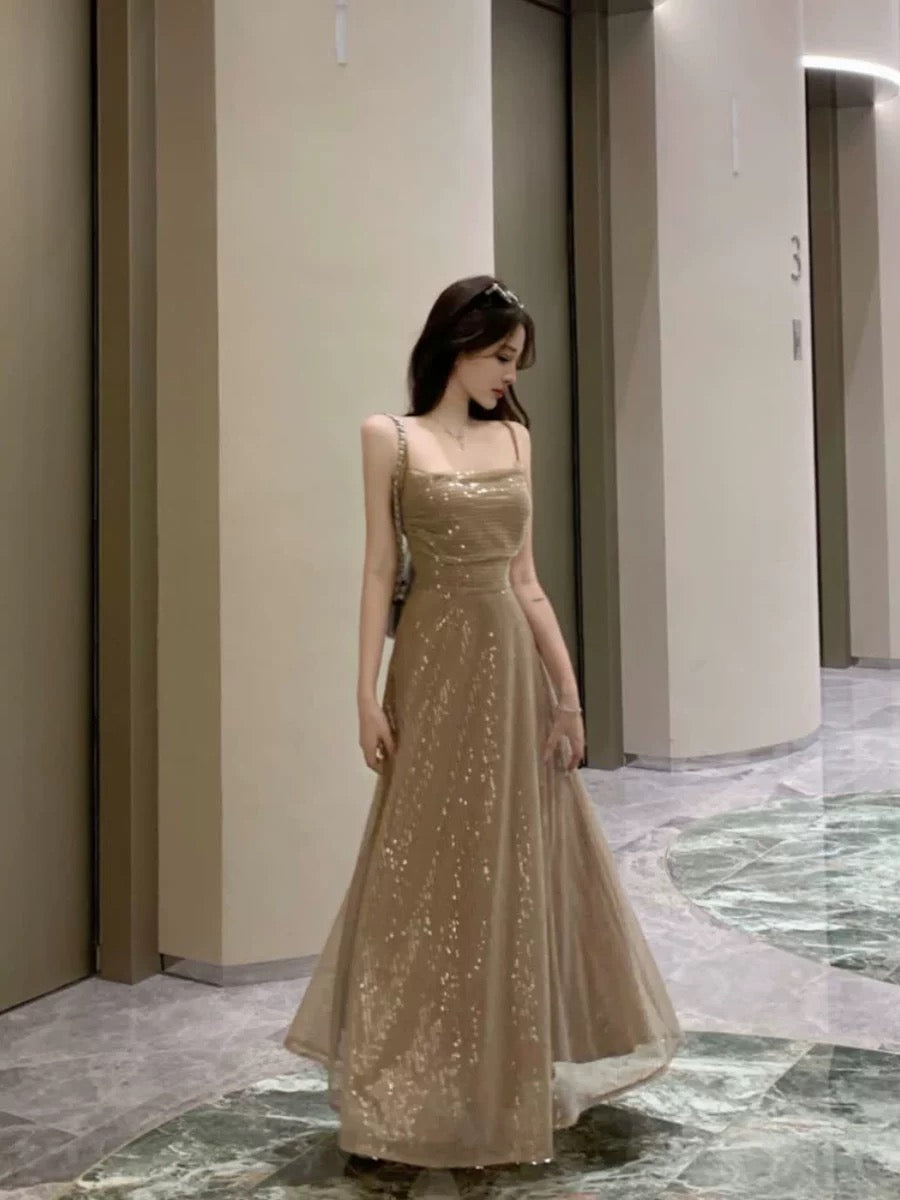 Elegant A line Spaghetti Straps Champagne Long Length Prom Dress Birthday Outfits C3548