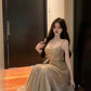Elegant A line Spaghetti Straps Champagne Long Length Prom Dress Birthday Outfits C3548